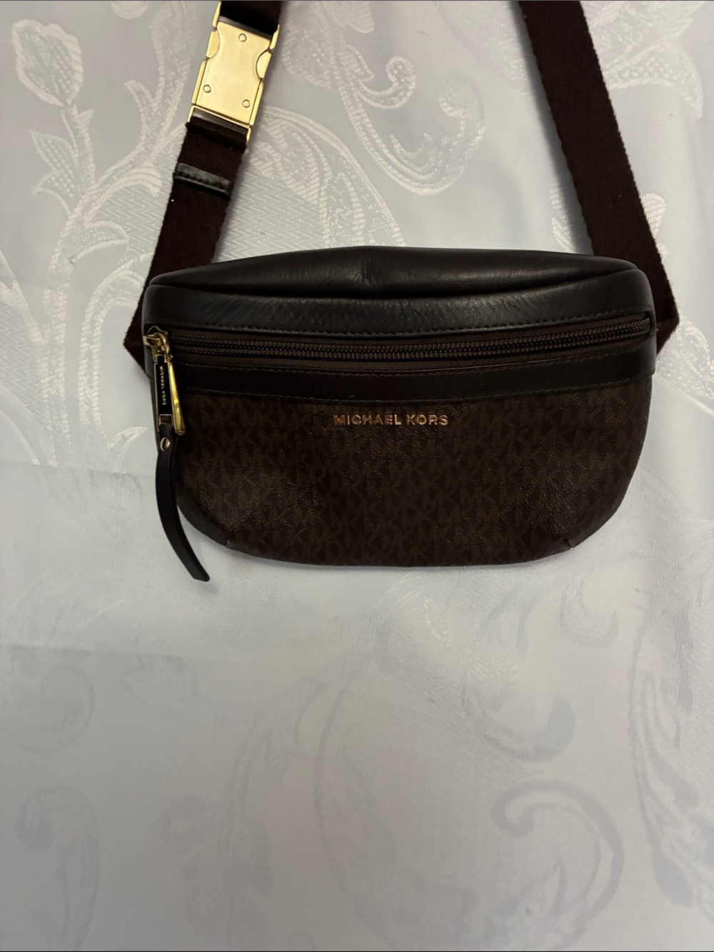 Women’s Michael Kors Dark Brown Monogram Belt Bag with Gold Trim